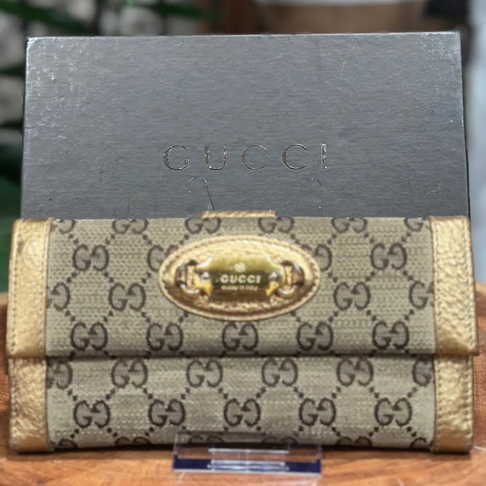 Gucci GG Canvas Metallic Gold Continental Wallet w/ Box and Unbranded Chain - Picture 12 of 12